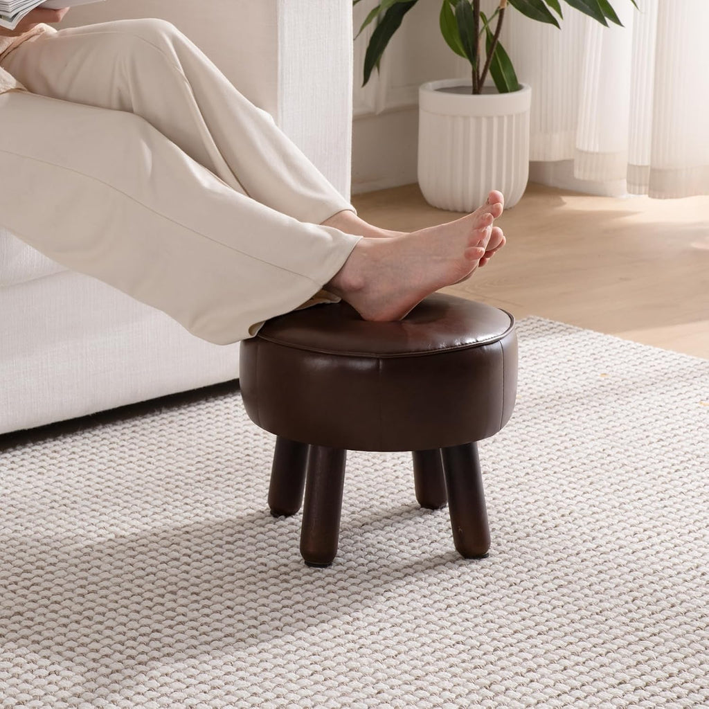 Small 13" Foot Stool Ottoman, Round Pouf Foot Rest, Faux Leather Footstool | Small Foot Stool with Rubber Legs Under Desk, Footrest for Couch, Living Room Bedroom Office, 13''L x 13''W x 10.2''H, Coffee