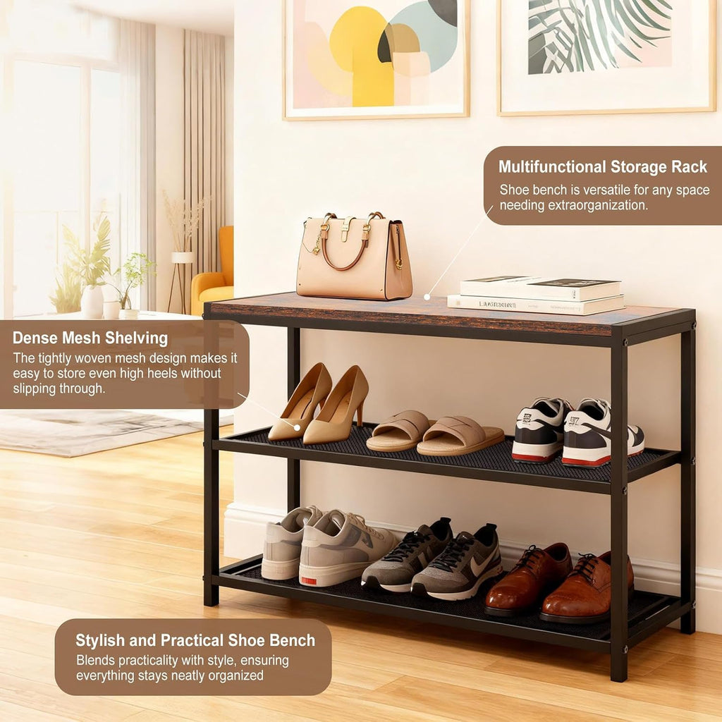 DUMOS 3-Tier Shoe Bench with Storage, Entryway, Mesh Shelves, Rustic Brown | Industrial style, 220 lb seating capacity, stores boots & sneakers, fits entryways & hallways
