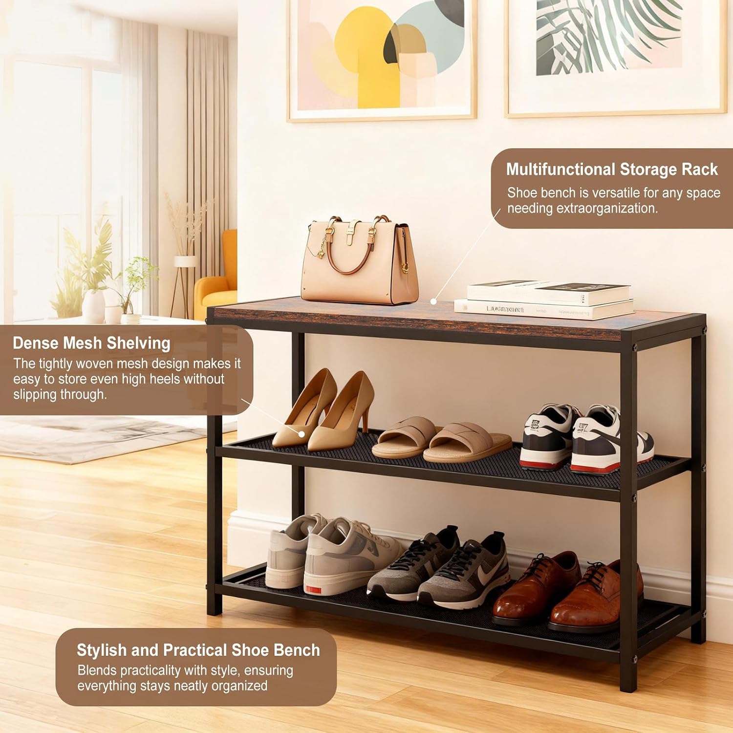 DUMOS 3-Tier Shoe Bench with Storage, Entryway, Mesh Shelves, Rustic Brown | Industrial style, 220 lb seating capacity, stores boots & sneakers, fits entryways & hallways