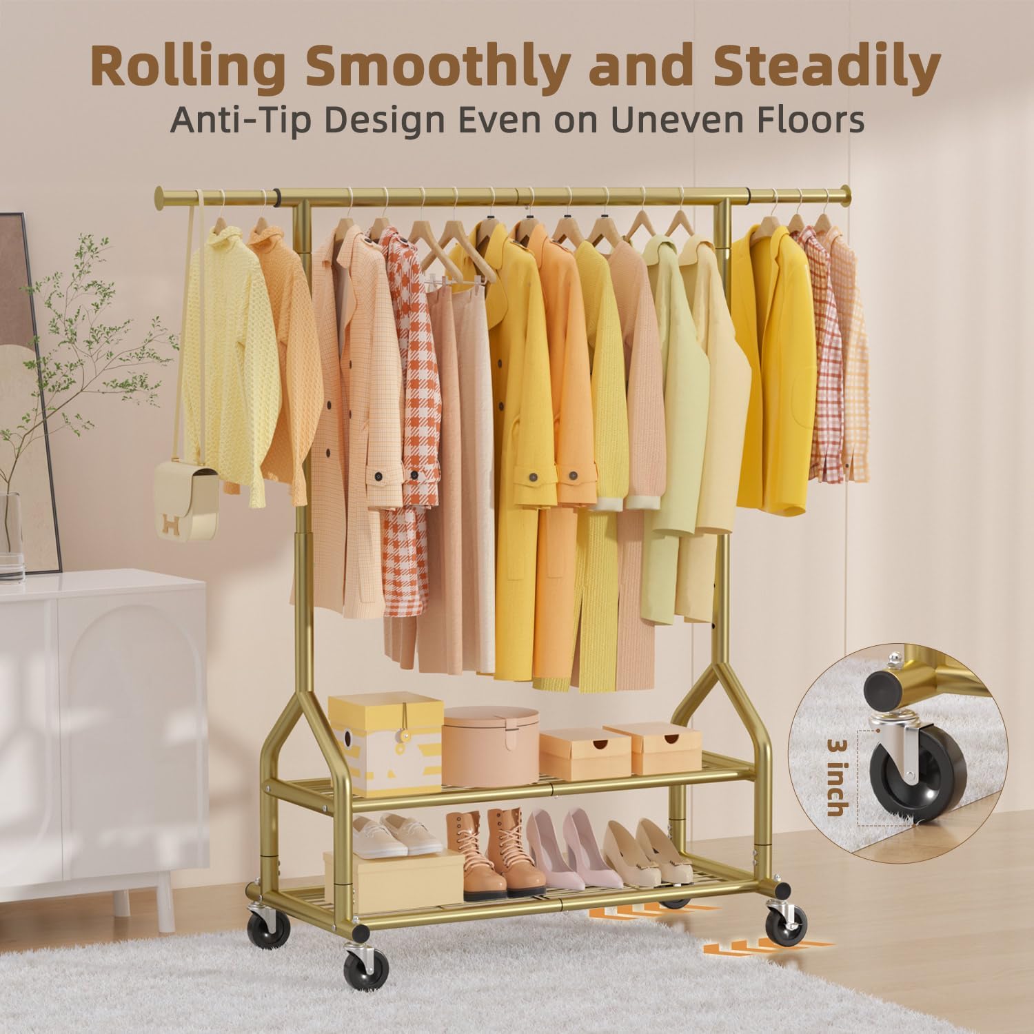 EAGMAK Heavy Duty Clothes Rack Load 556 LBS, Rolling Clothing Rack With Shelves, Height Adjustable Metal Clothes Hanger with Wheels Portable Wardrobe Organizer Garment Rod for Hanging Clothes (Gold)