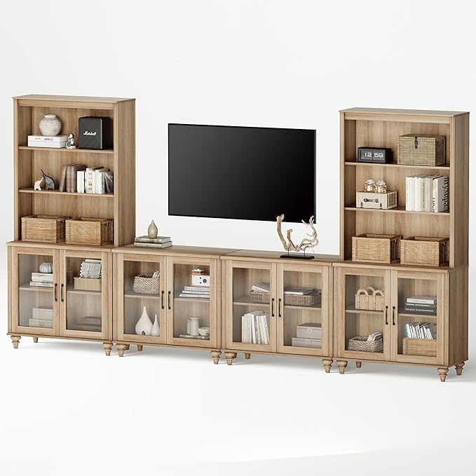 WAMPAT Entertainment Center with Bookshelves for TVs up to 75", Farmhouse Wall Unit TV Stand with Glass Doors, Media Console Table for Living Room, Bedroom & Home Theater, Oak