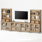 WAMPAT Entertainment Center with Bookshelves for TVs up to 75", Farmhouse Wall Unit TV Stand with Glass Doors, Media Console Table for Living Room, Bedroom & Home Theater, Oak