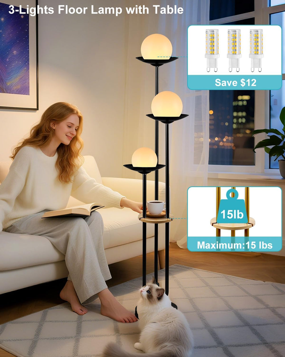 Lightdot Globe Floor Lamp with Shelf 3-Lights Modern Dimmable Floor Lamps 300...