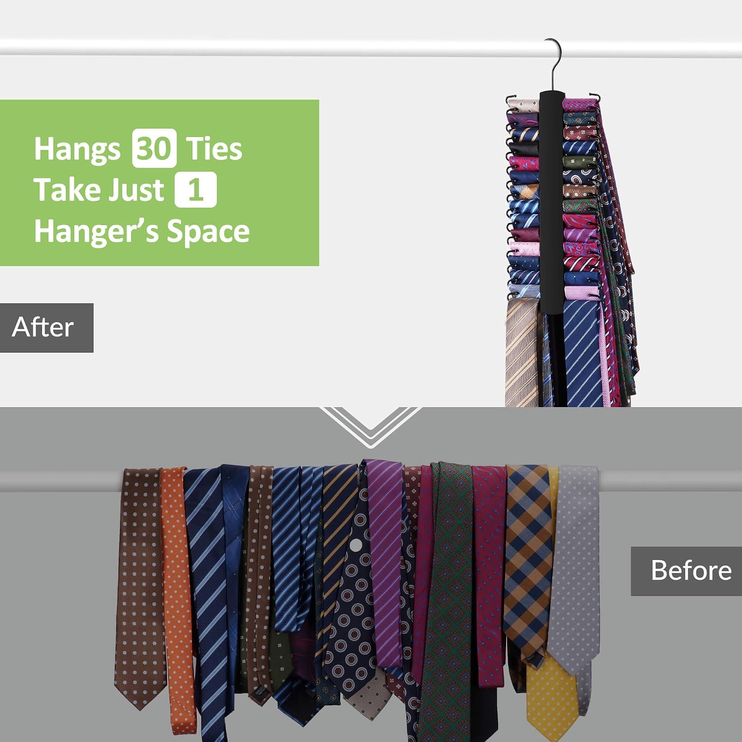 Upgraded Tie Rack Hanger for Closet with 30 Metal Hooks, Space Saving Necktie Organizer for Men, Sturdy Wooden Large Capacity Tie Holder, Closet Organizers and Storage, Black