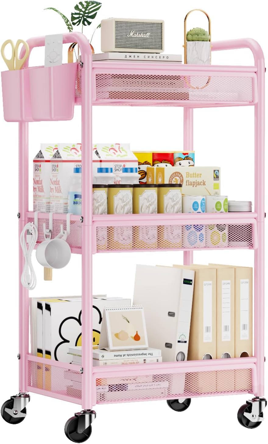 YASONIC 3 Tier Rolling Cart – Metal Utility Storage Cart with Wheels, Craft Cart Organizer with Hanging Cups, Hooks, Mesh Basket for Bedside Kitchen Office Art, Pink
