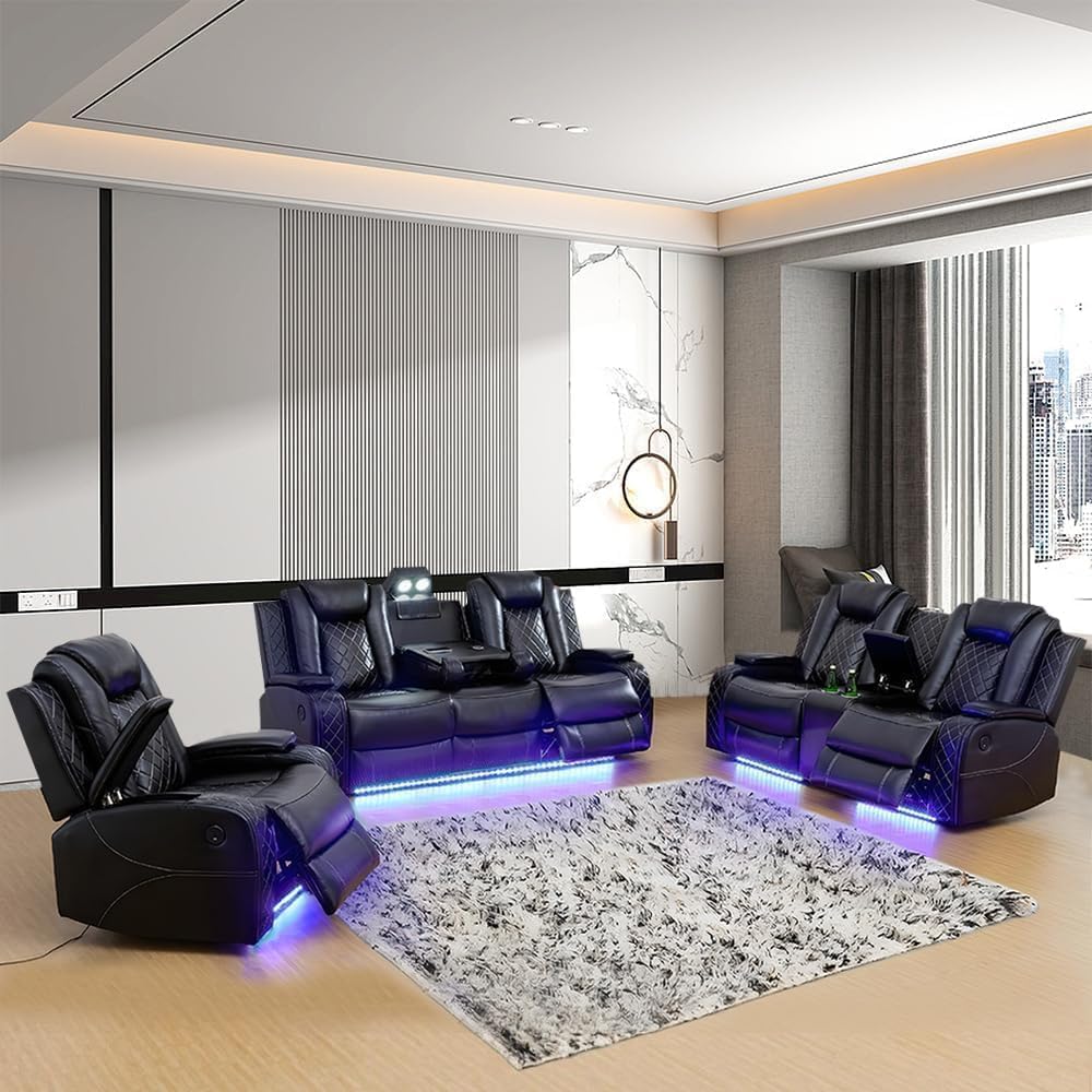 Multifunction Power Recliner Couch Set with LED Light, Storage Console, Cup H...