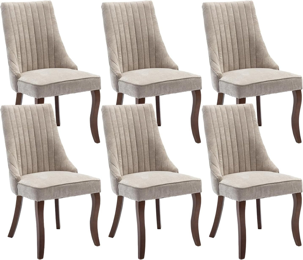 Beige Fabric Upholstered Dining Chairs Set of 6, Curved Solid Wood Legs