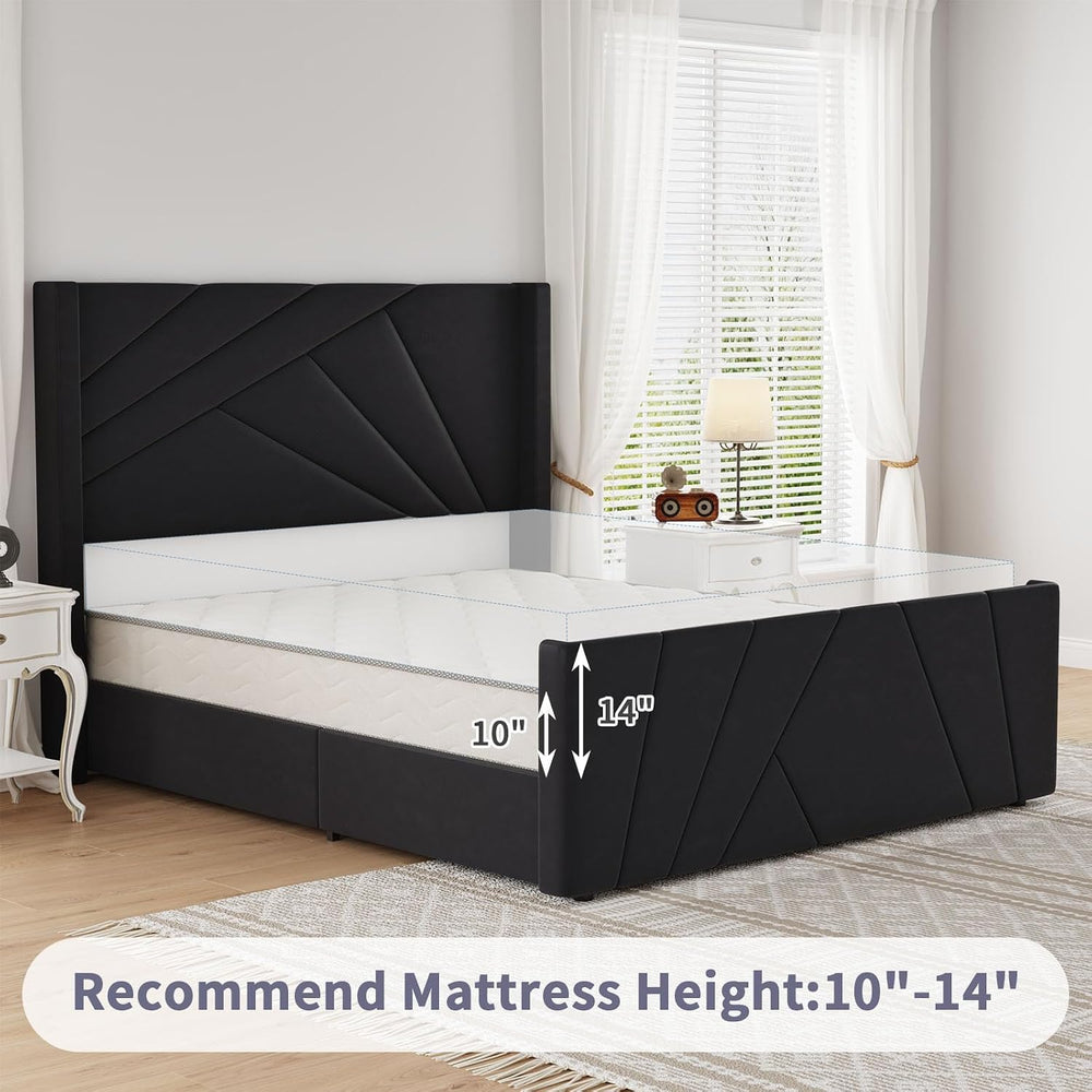 BarnFurin Queen Bed Frame with Geometric Wingback Headboard, Black