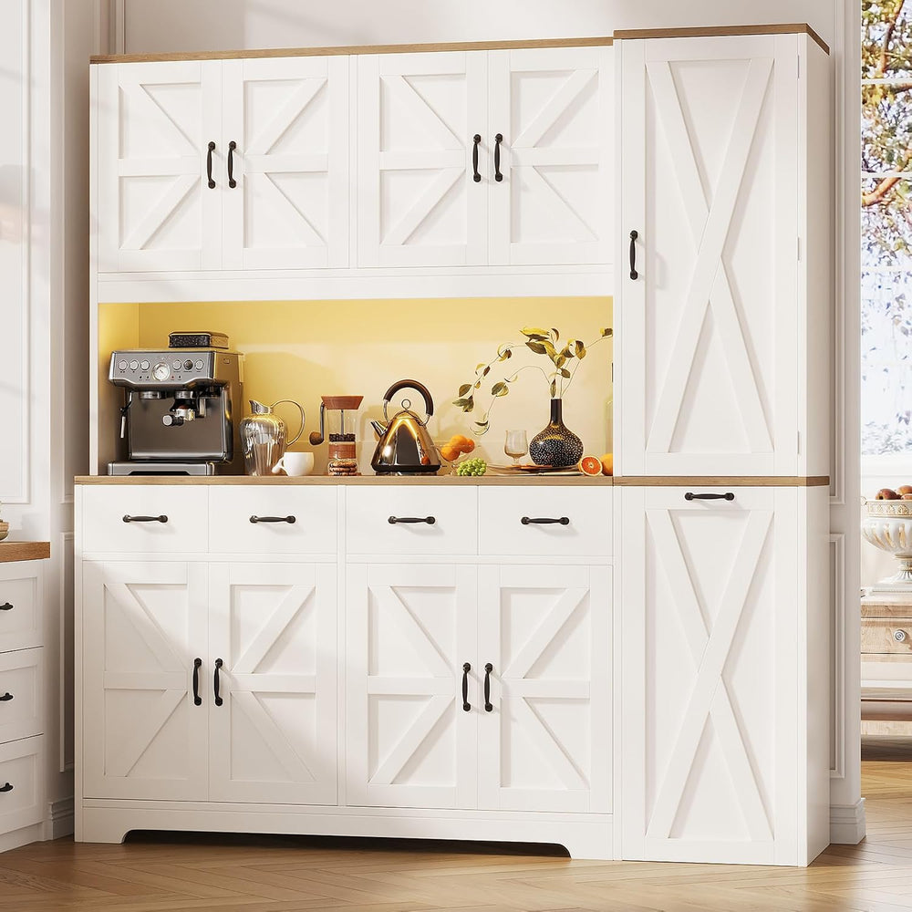70.9" Tall Farmhouse Pantry Cabinet with Pull-Out Storage Cart & LED...