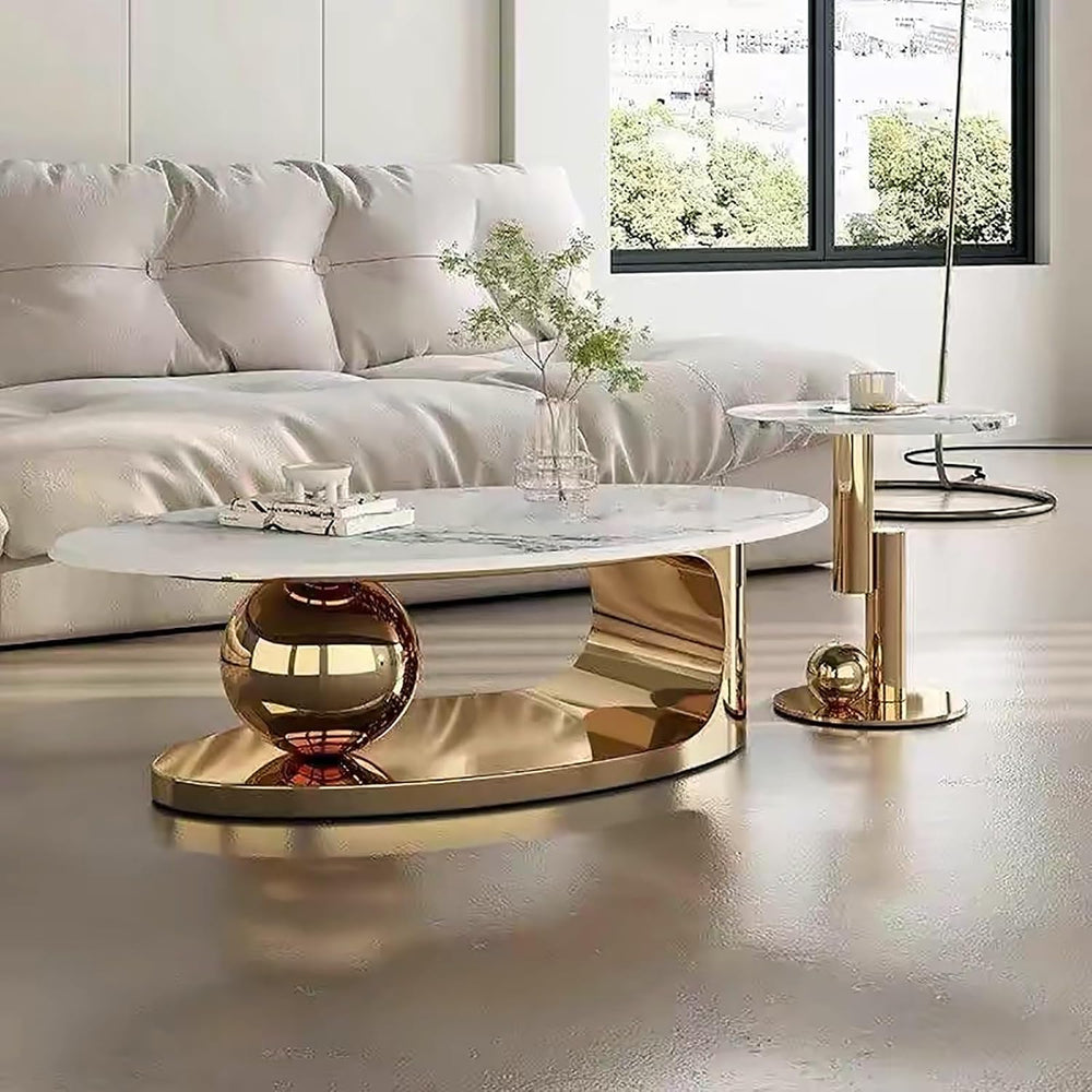Modern Coffee Table Set of 2 - Stylish Black & Gold Oval Nesting Tables f...