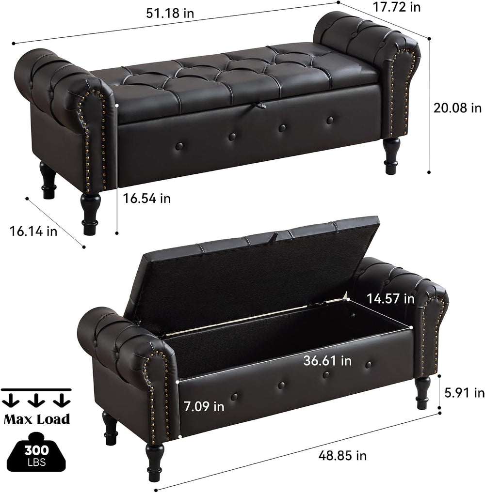Storage Bench for Bedroom, Faux Leather 51" End of Bed Bench, Queen Size...