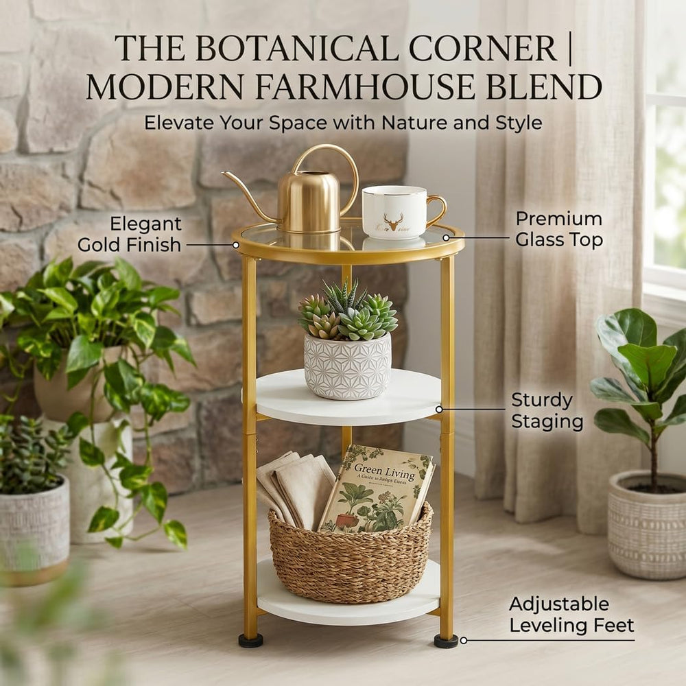 Glass Side Table, Tempered Glass Small Round Side Table with 3-Tier Storage S...