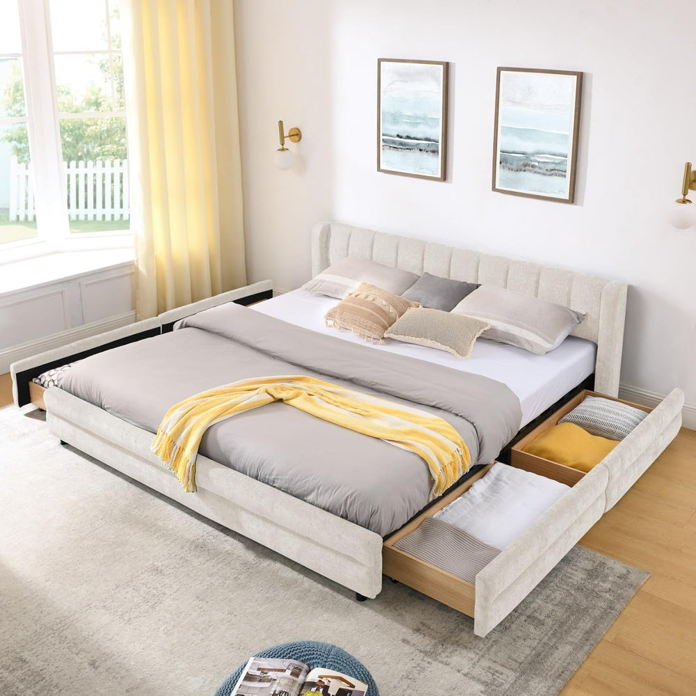 KEIKI Thick Chenille King Bed Frame with 4 Storage Drawer & Upholstered T...