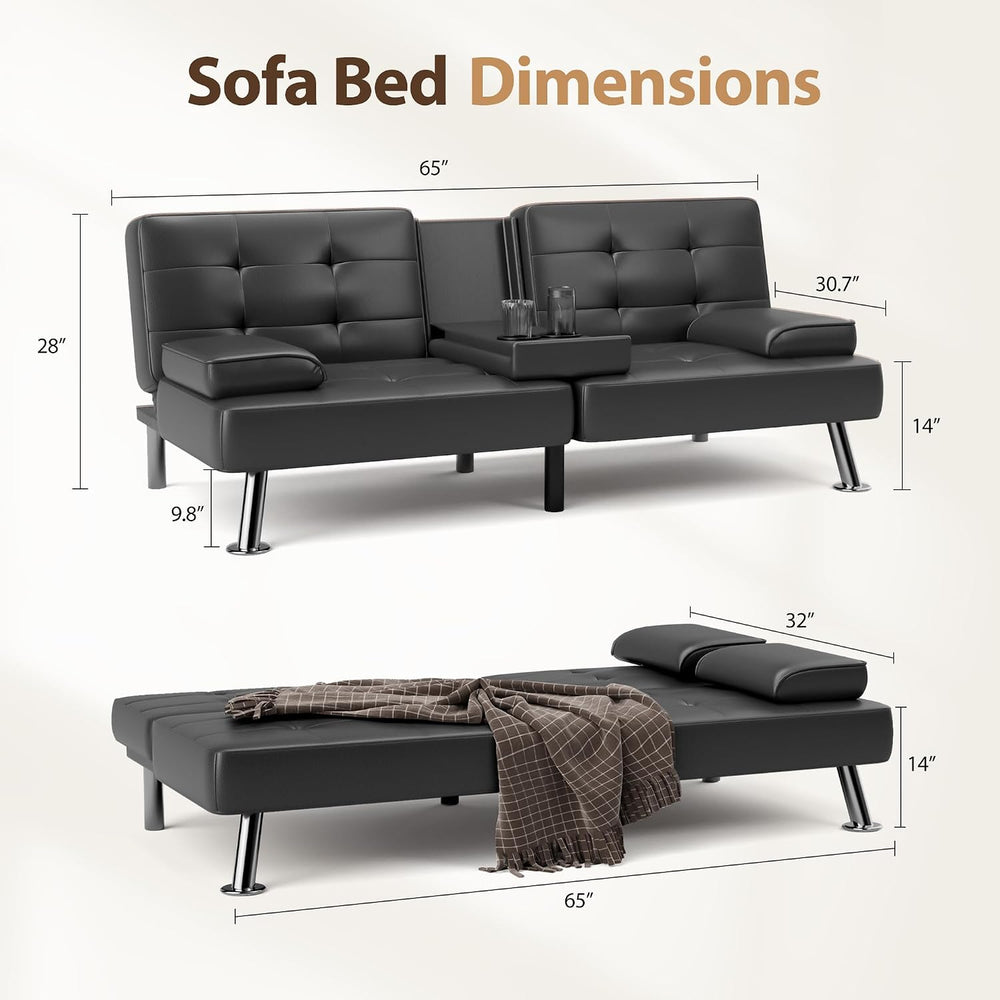 Shahoo Leather Convertible Futon Sofa Bed, Folding Sleeper Loveseat Couch | U...
