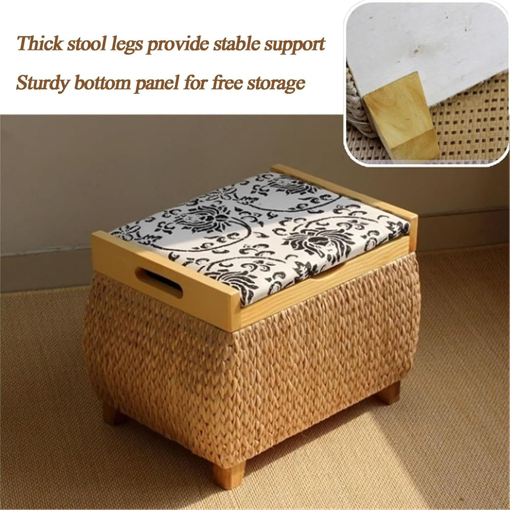 Ottoman with Storage Rattan Woven ，Bench with Padded Seat End of The Bed Entr...