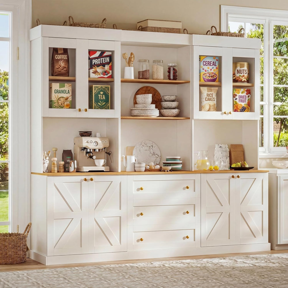 71" Farmhouse Kitchen Pantry Cabinet,Freestanding Storage Hutch with Gla...