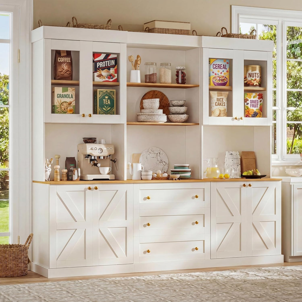 71" Farmhouse Kitchen Pantry Cabinet,Freestanding Storage Hutch with Glass Doors, Drawers & Countertop, Microwave Stand & Coffee Bar, Adjustable Shelves,White 3pcs