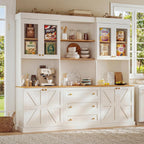 71" Farmhouse Kitchen Pantry Cabinet,Freestanding Storage Hutch with Glass Doors, Drawers & Countertop, Microwave Stand & Coffee Bar, Adjustable Shelves,White 3pcs