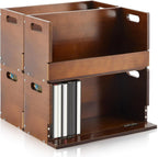 CroBlissful 4 Pack Wooden DVD Storage Organizer Boxes, Holds 104 DVDs (26 Each), Solid Wood Media Storage with Carry Handles for DVDs, CDs, Blu-ray Discs, Movie Cases and Cassette Tapes, Brown