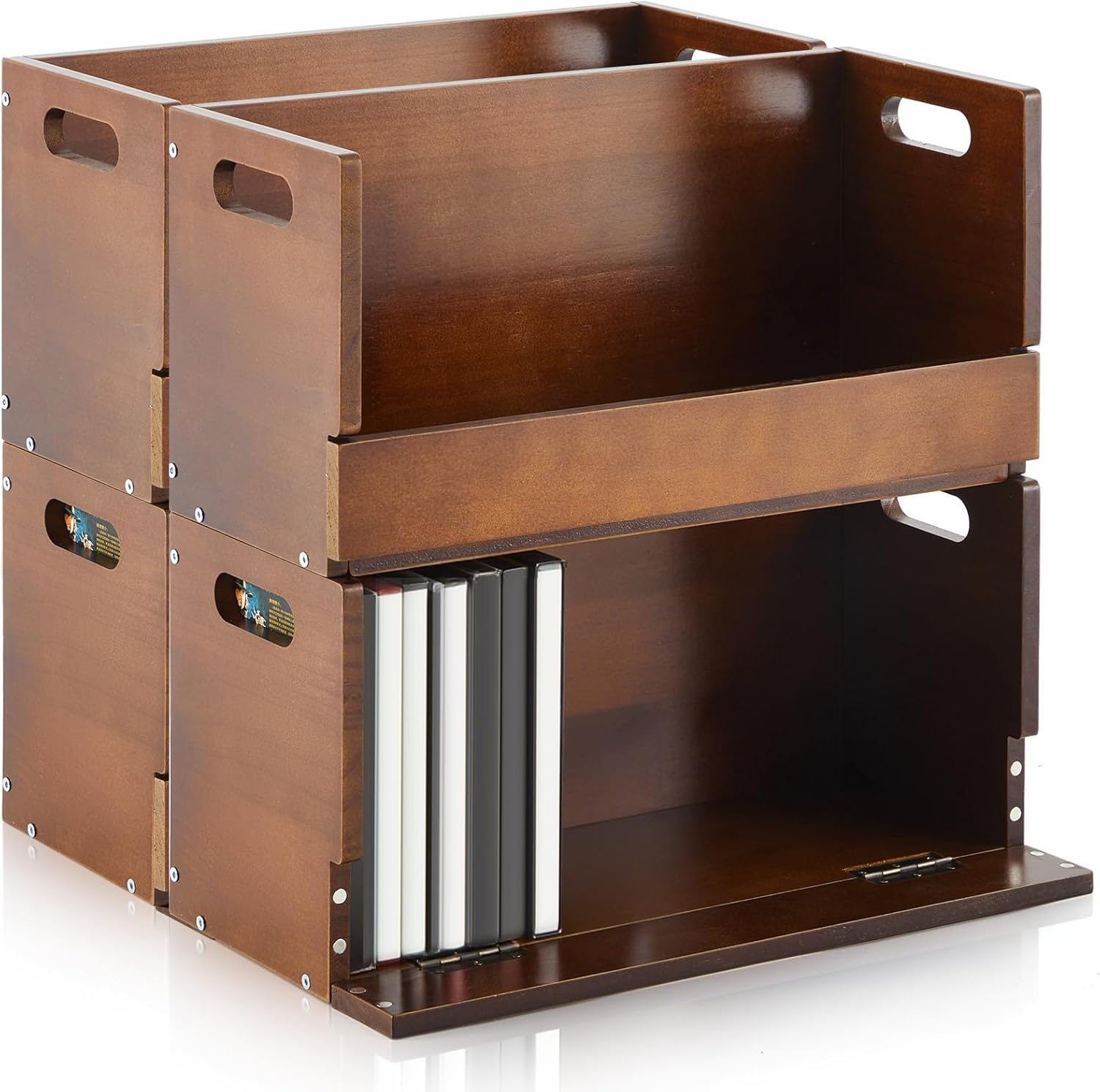 CroBlissful 4 Pack Wooden DVD Storage Organizer Boxes, Holds 104 DVDs (26 Each), Solid Wood Media Storage with Carry Handles for DVDs, CDs, Blu-ray Discs, Movie Cases and Cassette Tapes, Brown
