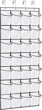 VOPTON 28Large Pockets Over The Door Shoe Organizer, Hanging Shoe Organizer for Closet, Premium Clear Shoe Rack for Door, Shoes Hanger Organizers Storage Holder for Back of Door and 4Metal Hook White