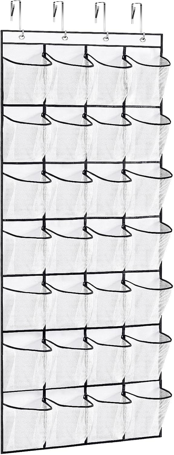 VOPTON 28Large Pockets Over The Door Shoe Organizer, Hanging Shoe Organizer for Closet, Premium Clear Shoe Rack for Door, Shoes Hanger Organizers Storage Holder for Back of Door and 4Metal Hook White