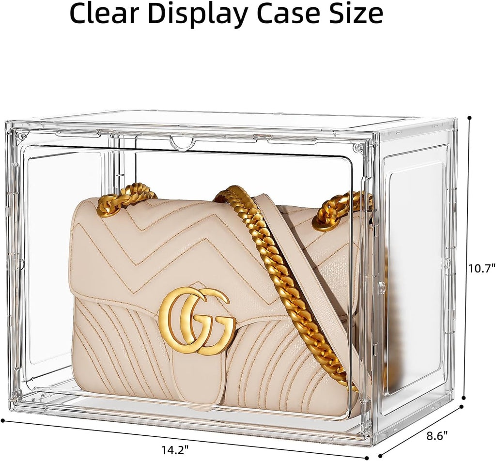 Clear Display Case for Collectibles, Purse Organizer for Closet, Handbag Storage Organizer 5 Pack Stackable Storage Boxes with Magnetic Lid for Shoes, Books, Purse, White