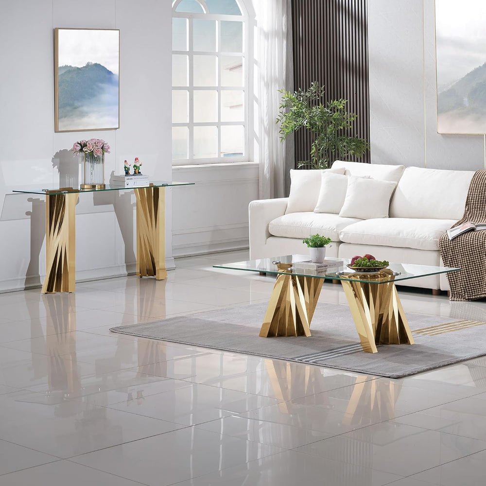 3 Piece Gold Living Room Table Set, Rectangular Modern Glass Coffee Table, Co...