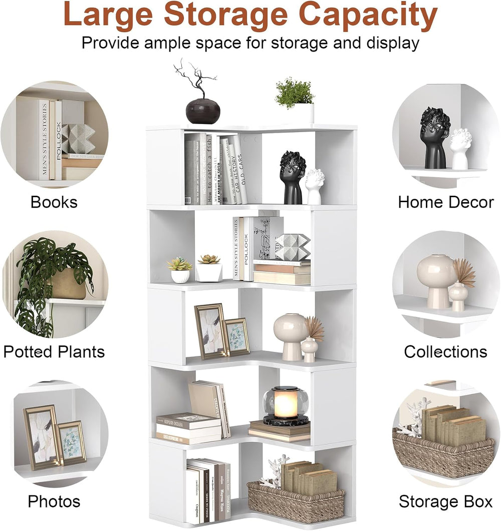 6-Tier Corner Bookshelf, 66" Tall L-Shaped Corner Shelf with Anti-Fall B...