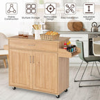 TANGZON Kitchen Island on Wheels, Rolling Storage Trolley with Large Cabinet, Drawer, Adjustable Shelf, Wood Worktop, Spice & Towel Rack, Utility Serving Cart for Dining Living Room (Natural)