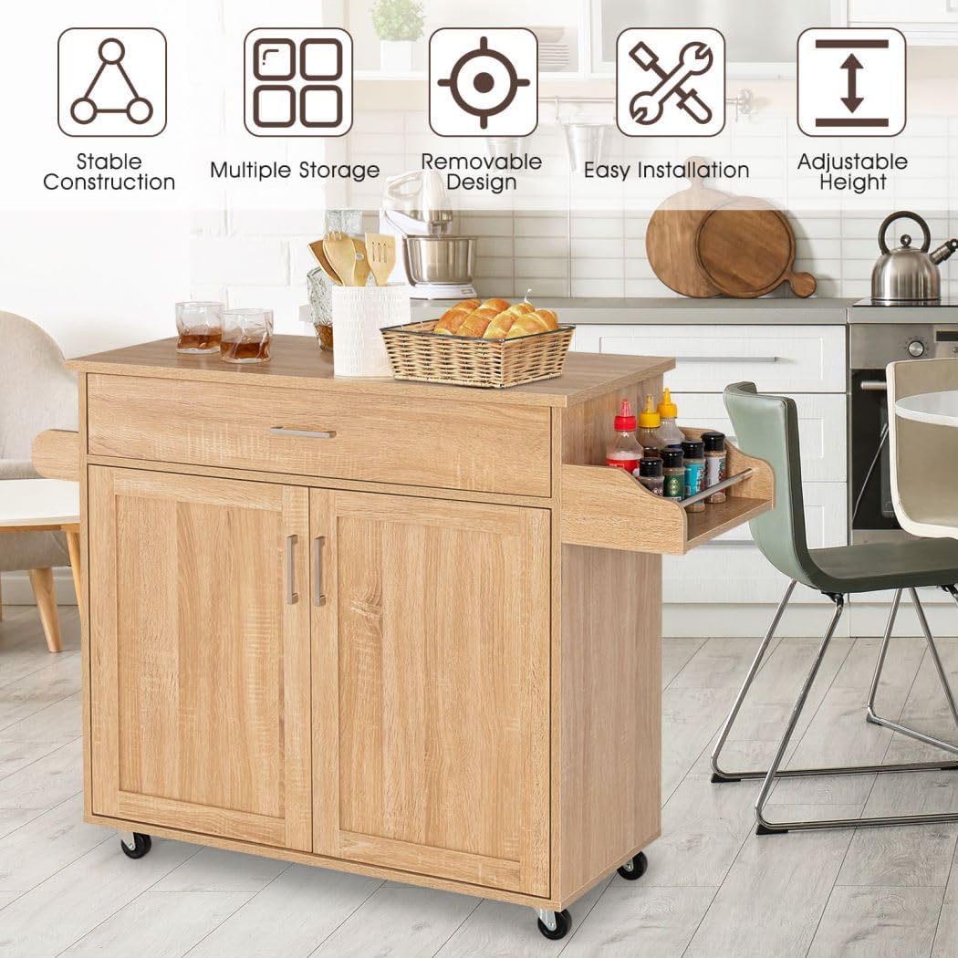 TANGZON Kitchen Island on Wheels, Rolling Storage Trolley with Large Cabinet, Drawer, Adjustable Shelf, Wood Worktop, Spice & Towel Rack, Utility Serving Cart for Dining Living Room (Natural)