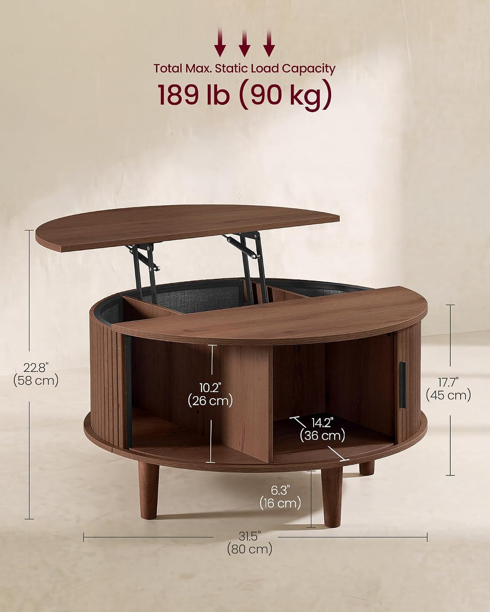 VASAGLE Round Coffee Table, Lift Top Coffee Table with Tambour Sliding Door