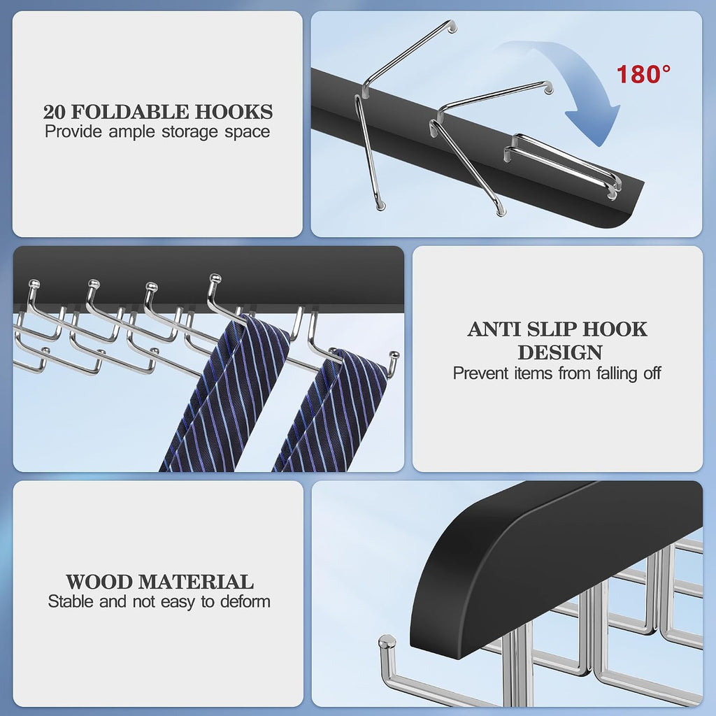Tie Rack Hanger for Closet 20 Foldable Hooks, 1 Pack Wooden Non Slip Large Capacity Space Saving Tie and Belt Organizer with 360° Rotating Hooks for Tank Tops Bras Scarves Hat