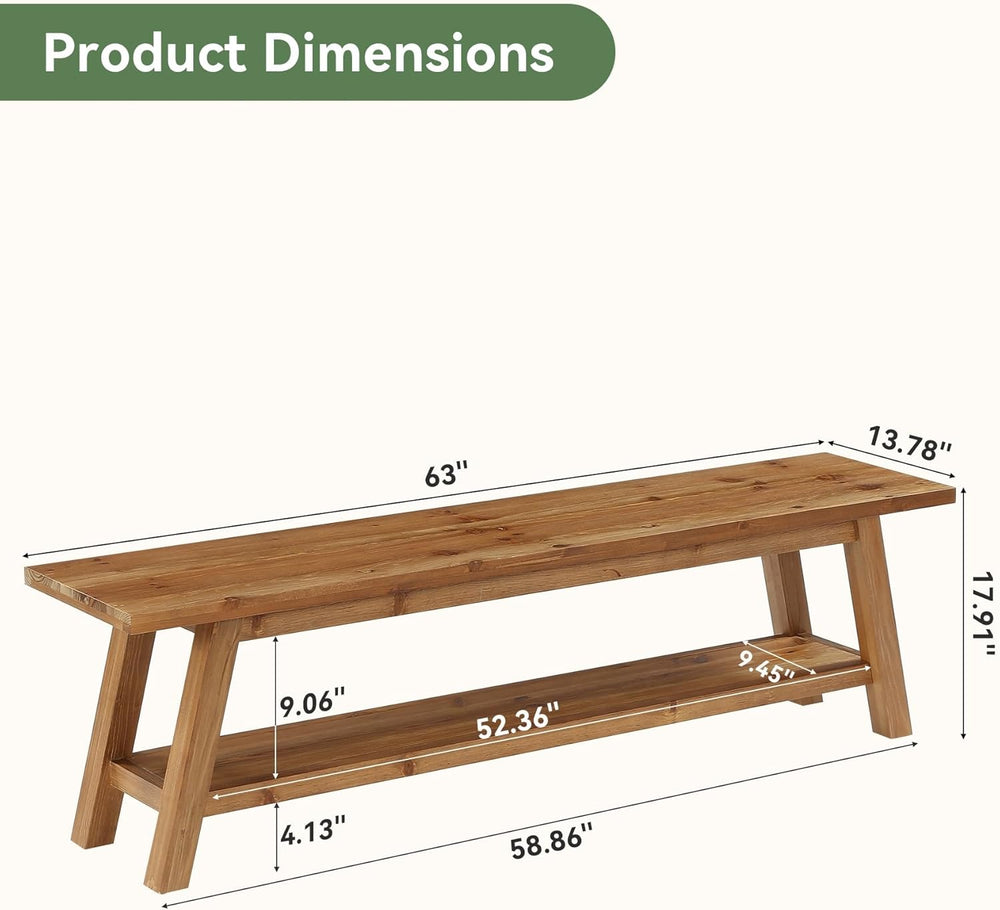 Solid Wood Entryway Bench with Shoe Storage Shelf, 62.99" Long Rustic Ha...