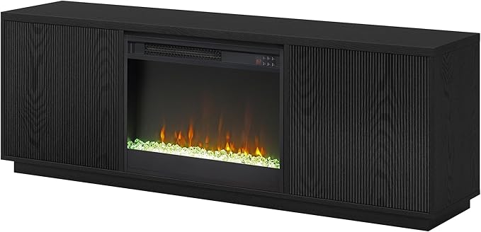 Henn&Hart Fluted TV Stand for TVs up to 75" with 26" Electric Crystal Rocks Fireplace and Ribbed Side Storage Cabinets for Living Room, Family Room, or Office, Natural Black