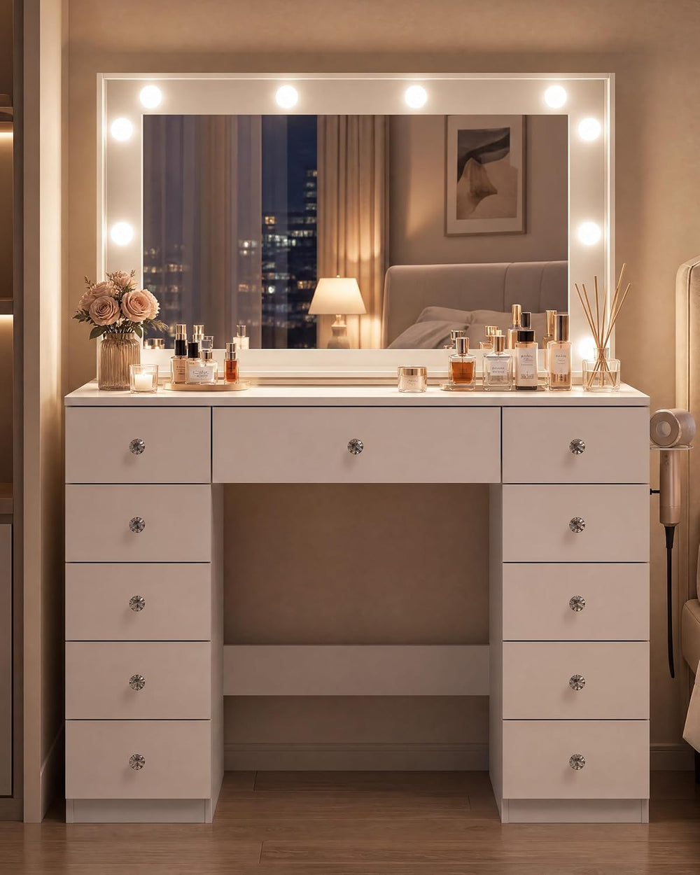 Otterease White Makeup Vanity with Mirror and Lights,11 Drawers & Glass T...
