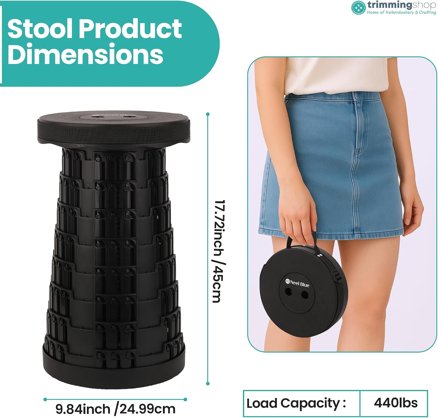 Trimming Shop Heavy Duty Foldable Collapsible Telescopic Stool, Portable & Adjustable Pop Up Stool Plastic Seat for Camping, Fishing, BBQ, Hiking, Indoor/Outdoor Use, 440lbs Load Capacity - Black | Telescopic, Lightweight Collapsible Stool With 200kg