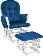 Glider and Ottoman White Wood and Navy Fabric