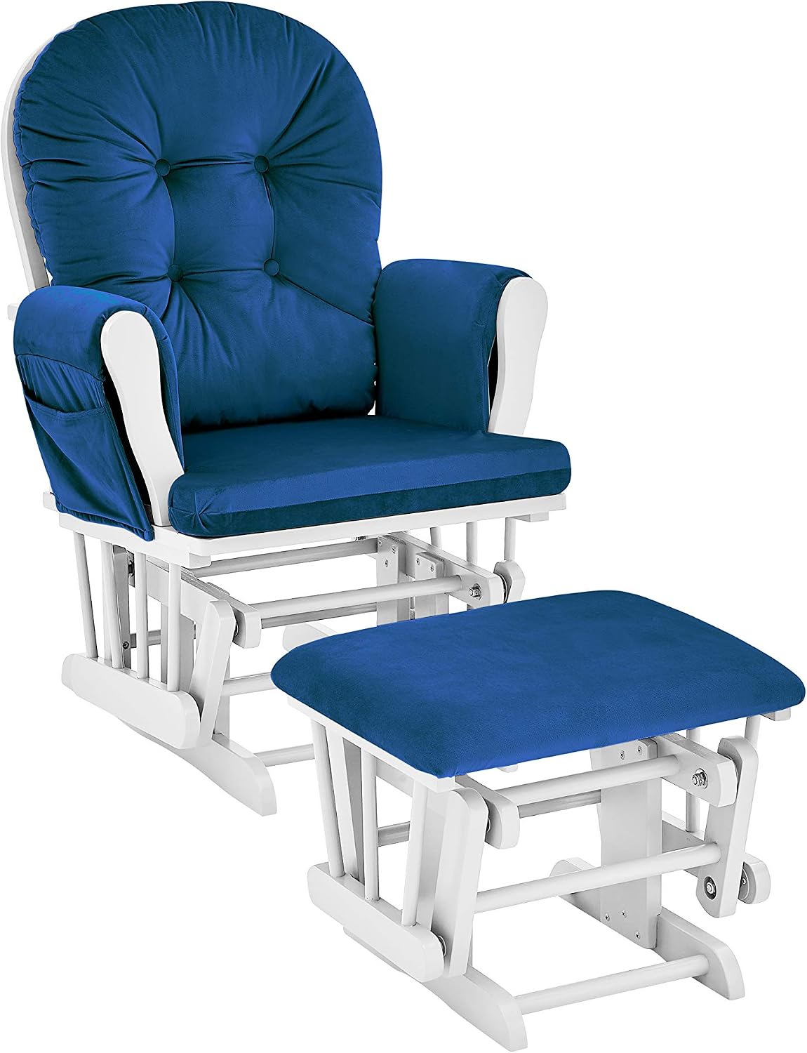 Glider and Ottoman White Wood and Navy Fabric