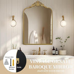 G-LEAF Vintage Baroque Mirror 24"X36",Arched Mantel Victorian Antique Farmhouse Mirror with Gold Ornate Metal Frame for Fireplace Entryway Living Room Hallway Bathroom