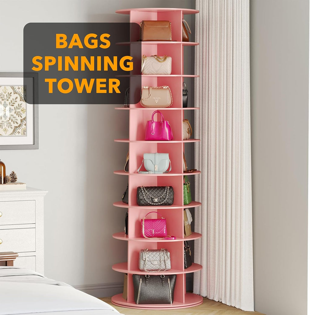 SpaceAid 9 Tier Rotating Shoe Rack Tower, Spinning Shoe Display Lazy Susan, Revolving 360 Shoe Rack Storage Round Carousel, Vertical Handbag Rotate Shoes Closet Organization (9-Tier Pink)