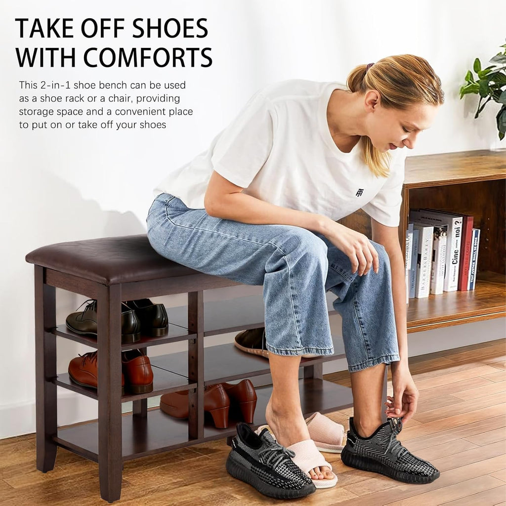 PY HOME & SPORTS Shoe Rack for Entryway 39.4": 3-Tier Shoe Storage Bench, Adjustable/Removable Shelves, Rubberwood Shoe Benches for Hallway, Porch, Bathroom, Brown