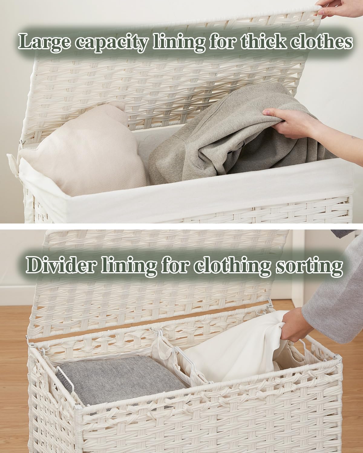 Laundry Hamper with Lid Wicker Laundry Basket 112 L (29.6 Gal) Laundry Hampers Handwoven Rattan Clothes Hamper with Handles 3 Removable Liner Bag, 6 Mesh Bags for Bathroom Bedroom White