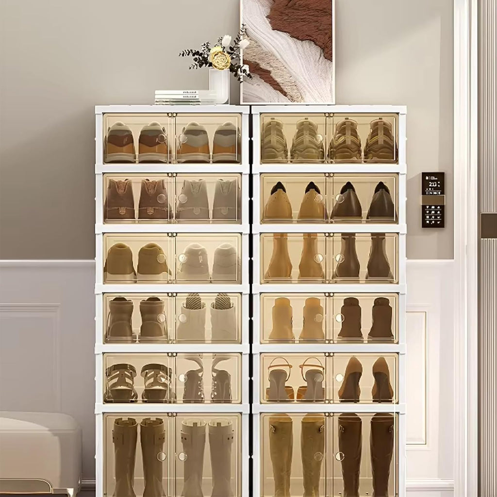 6 Tier Easy Assembly Collapsible Shoe Cabinet Foldable Shoe Organizer Stackable Shoe Storage Box with Clear Door for Front Door Entrance 12Pairs