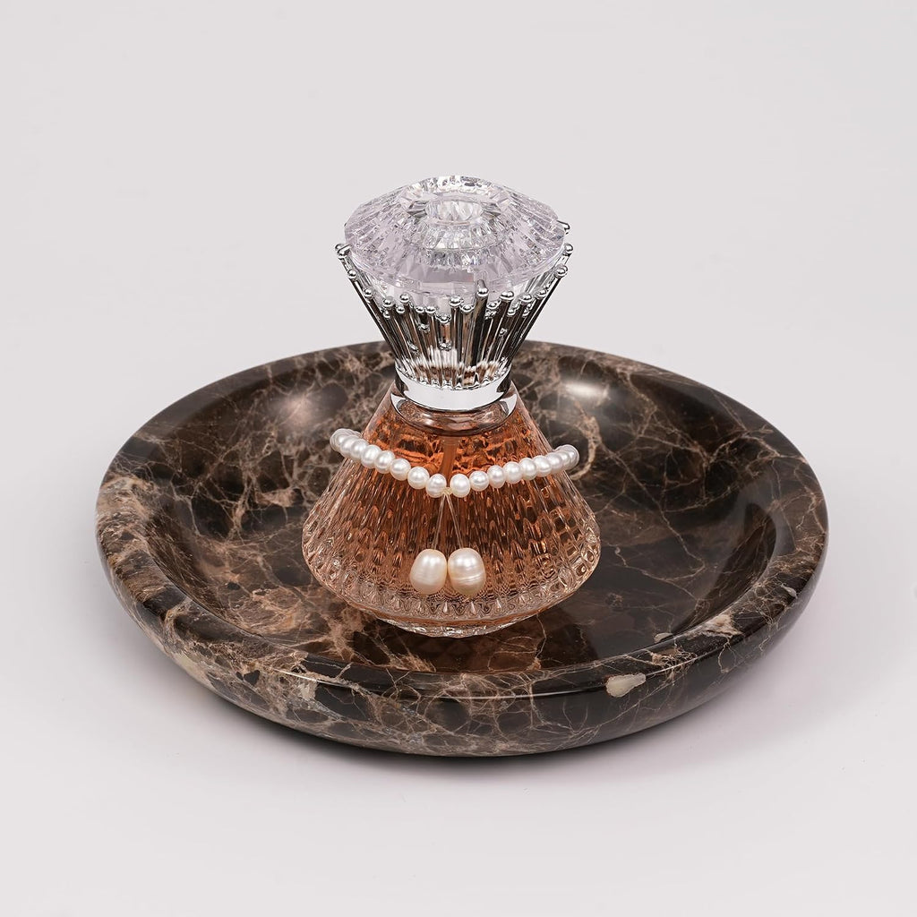 Brown Marble Jewelry Tray - Stone Trinket Ring Key Purse Holder Dish, Small Cute Round Plate Decorative Bowl for Nightstand Entryway Coffee Table Decor (5.5 inch)