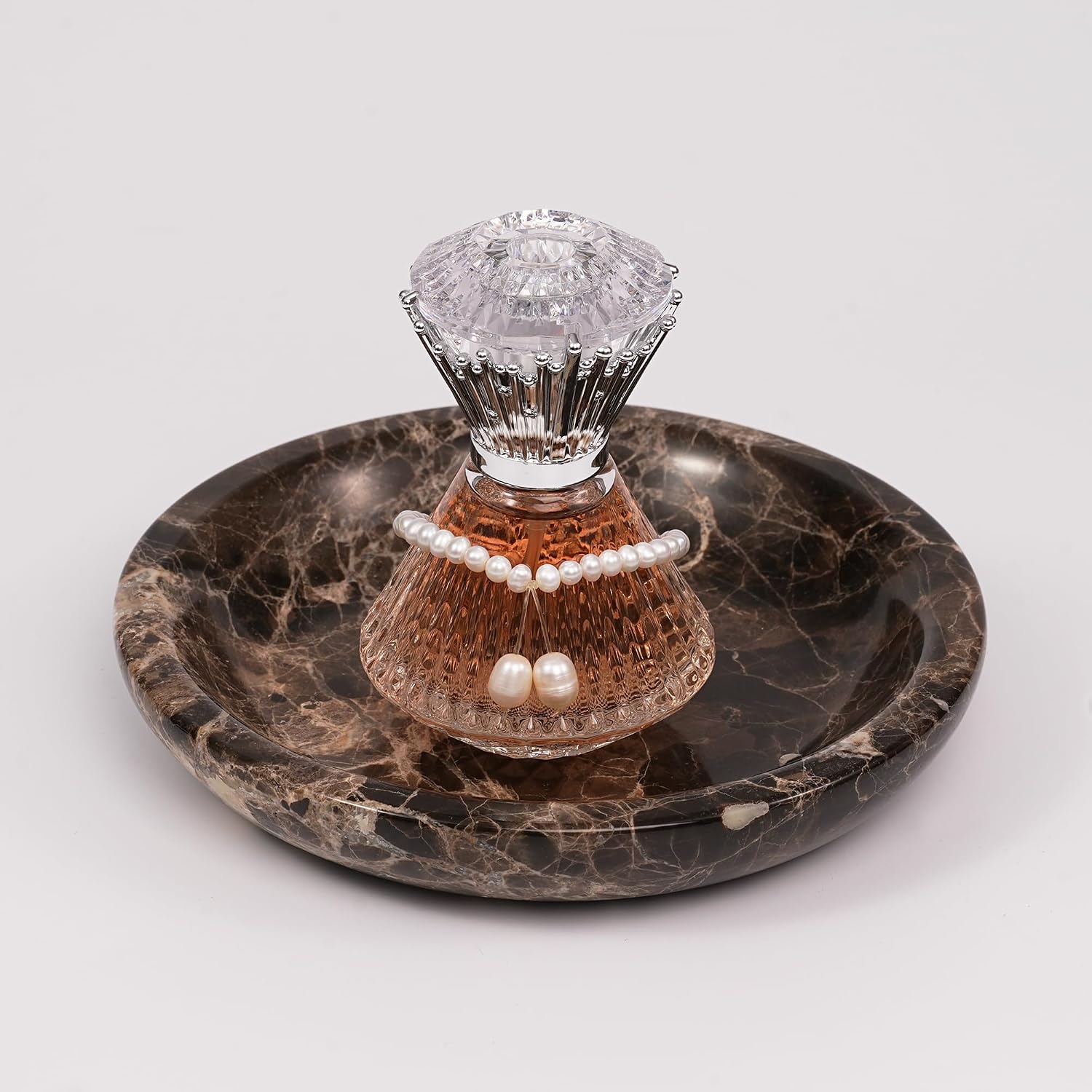 Brown Marble Jewelry Tray - Stone Trinket Ring Key Purse Holder Dish, Small Cute Round Plate Decorative Bowl for Nightstand Entryway Coffee Table Decor (5.5 inch)