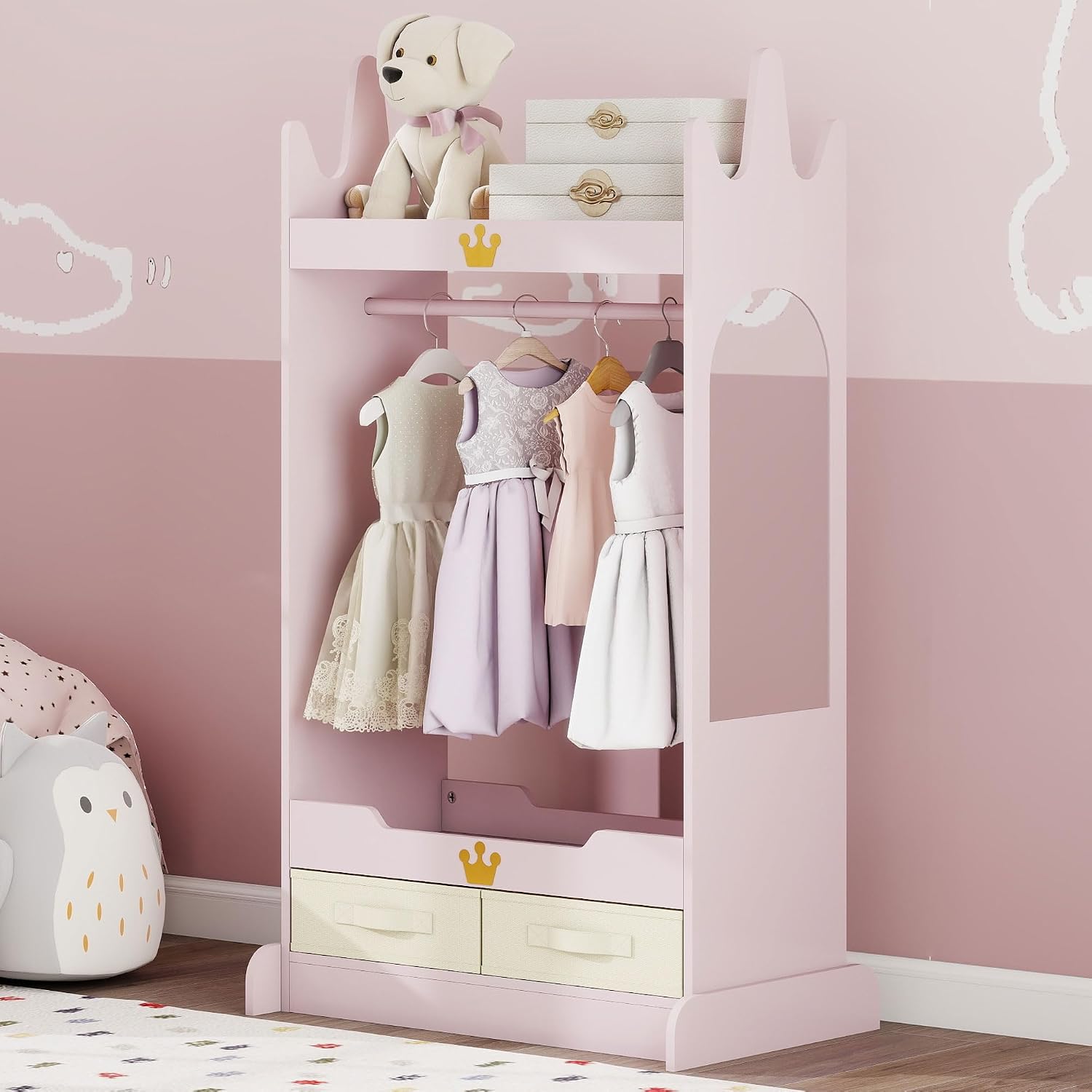 FTZxHKLX Kids Dress Up Storage with Mirror, Kids Open Hanging Armoire, Pink | Open Hanging Armoire Closet with Storage, Costume Storage Dresser with 3 Hooks, Crown-Shaped Design, Princess Style