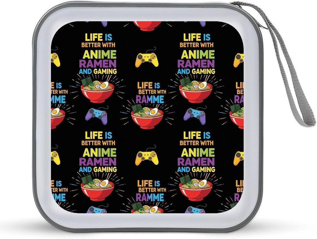 Portable CD Holder Case with Strap Life Is Better With Anime Ramen Gaming, 40-Capacity Hard Plastic Storage Binder, Protective Wallet for Car Office Travel