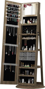 Montary 360° Rotating Jewelry Cabinet with Full-Length Mirror - Freestanding Jewelry Armoire with Lockable Storage, Built-In Lighted Mirror & Back Display Shelves,Brown