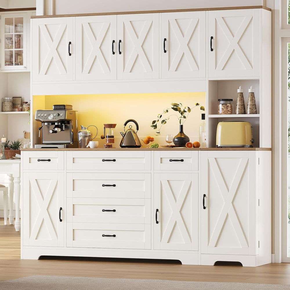 71" Farmhouse Pantry Cabinet with LED Lighting and Charging Station, Tal...